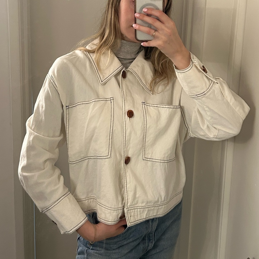 White Cotton Bomber Button Stitch Detail Jacket